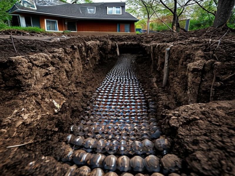 Excavation périmétrique montrant la membrane d'imperméabilisation et le drain français
