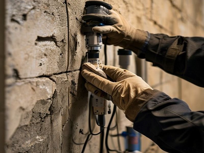 Injection de polyuréthane dans une fissure de fondation par un technicien gantélé