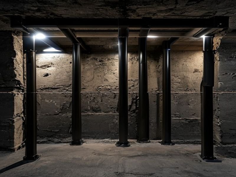 Mur de fondation de sous-sol renforcé avec des colonnes d'acier verticales